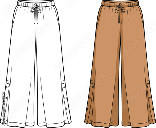 CAD drawing flat vector illustration of wide leg pants with buttons on hem, front view, fashion technical sketch, stylish casual garment template design for women