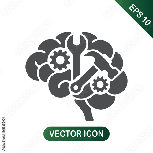 Brain with gears, wrench, and hammer symbolizing cognitive process
