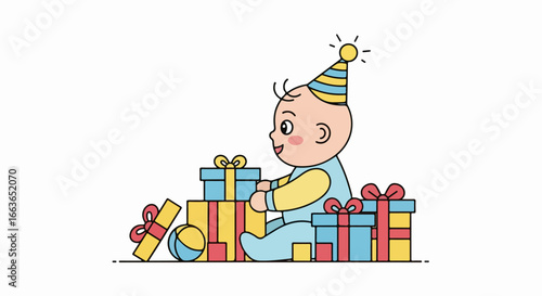 Happy baby celebrating birthday with colorful gifts and party hat.