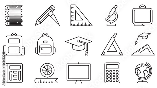 Education Icons: Back to School, Learning, and Graduation Line Art