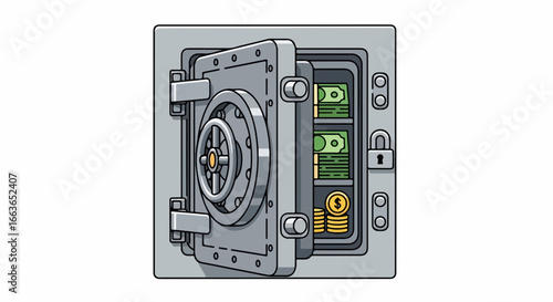 Open safe with money inside, financial security concept.