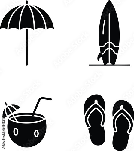 Summer vacation elements representing beach essentials like umbrella, surfboard, coconut drink, and flipflops, conveying a relaxing holiday mood.