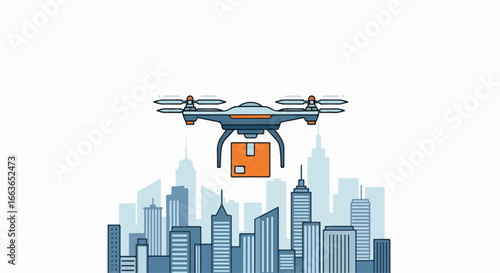 Drone delivering package over city buildings, modern technology concept.