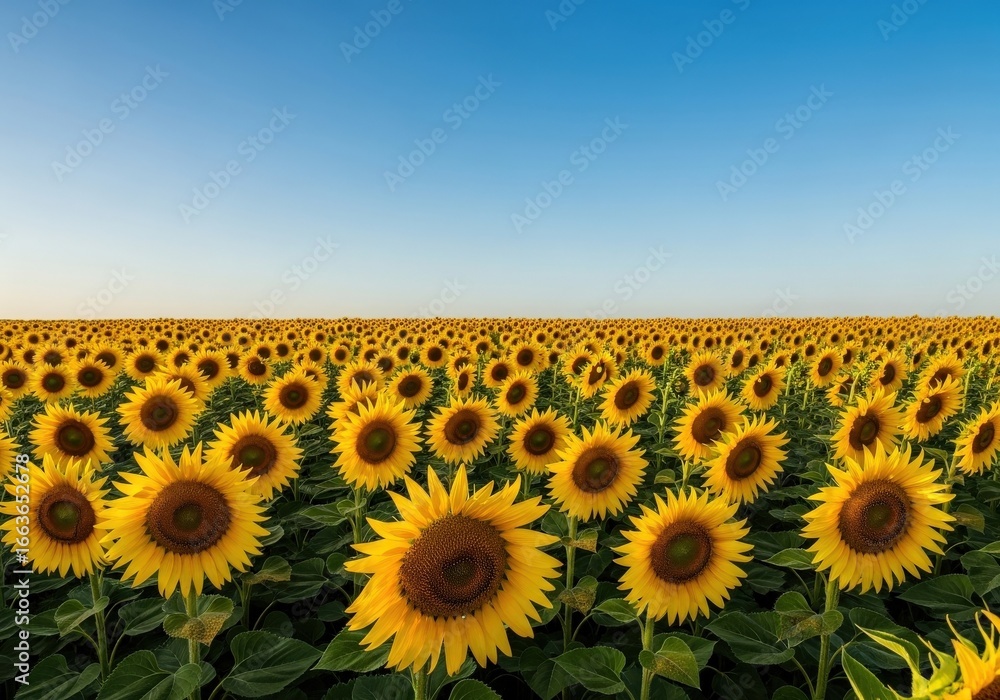 Fototapeta premium Vast field of vibrant yellow sunflowers stretching towards a clear blue sky on a bright summer day