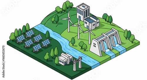 Sustainable Energy Landscape - Renewable Power Generation Illustration.