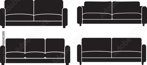 Four distinct black sofa silhouettes in a clean graphic design style