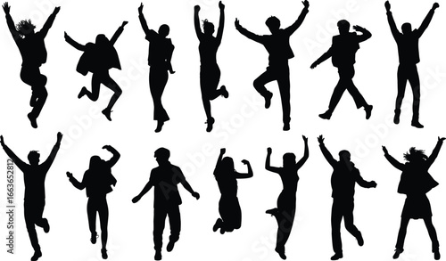 Silhouettes of Happy People Jumping in Air Celebrating Freedom, Joy, Energy, Movement, Unity, Expression, Dance, Fitness, and Celebration