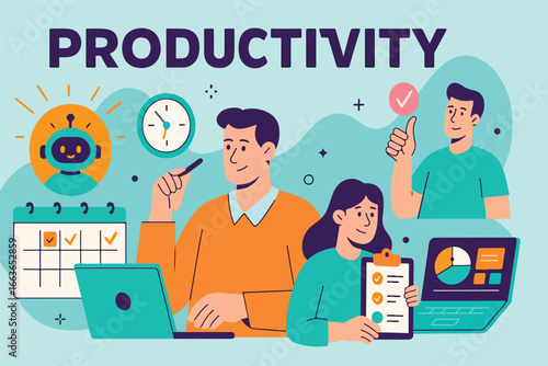 Diverse characters collaborating with advanced artificial intelligence tools for efficient task management scheduling and productivity enhancement in a modern business setting