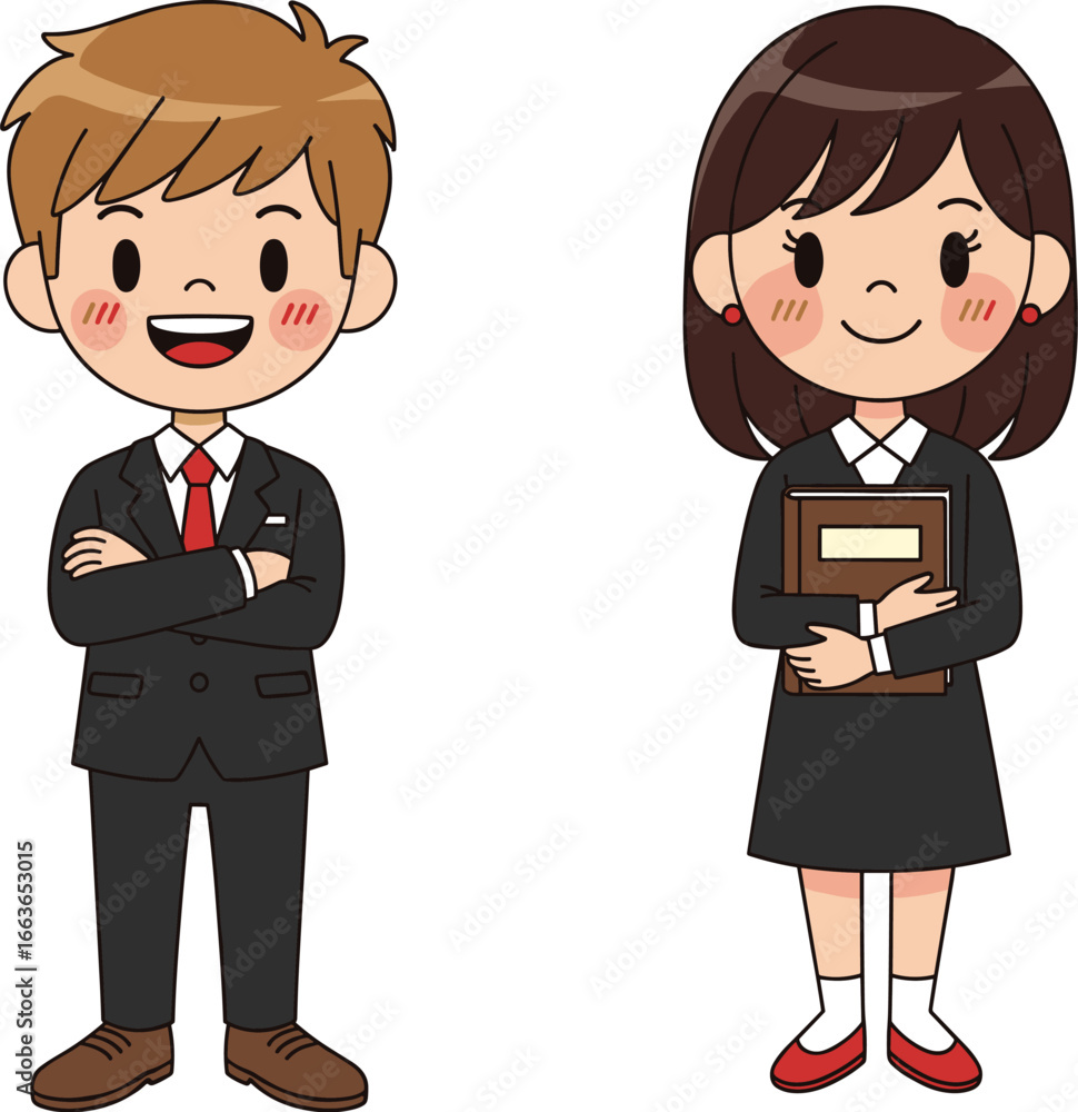 Cartoon Business Boy and Girl in Formal Office Attire – Cute Professional Characters Holding Book and Smiling Confidently Cartoon Business Boy and Girl in Formal Office Attire – Cute Professional Characters Holding Book and Smiling Confidently