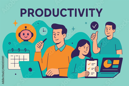 Modern professionals leverage advanced artificial intelligence and digital tools for efficient task management scheduling and enhanced productivity in a vibrant vector illustration