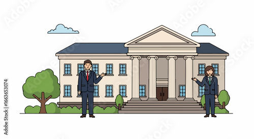 Men in suits standing in front of a government building.