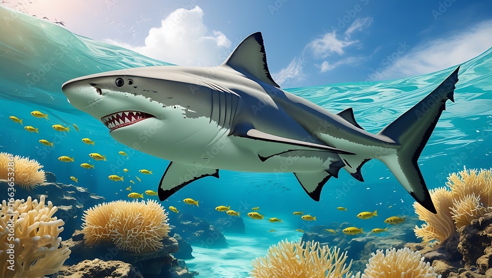 Fototapeta premium Great white shark swimming near coral reef with small fish in the bright blue ocean