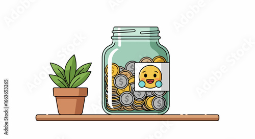 Savings jar with plant, representing financial growth and investment.