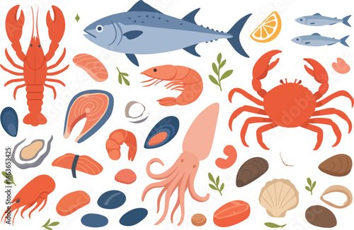 Vibrant collection of fresh raw seafood and fish including shrimp crab squid and salmon presented in a clean grocery market concept illustration