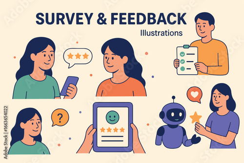Diverse characters interact with artificial intelligence to complete surveys provide feedback and rate customer experiences illustrating user satisfaction and engagement in a digital environment