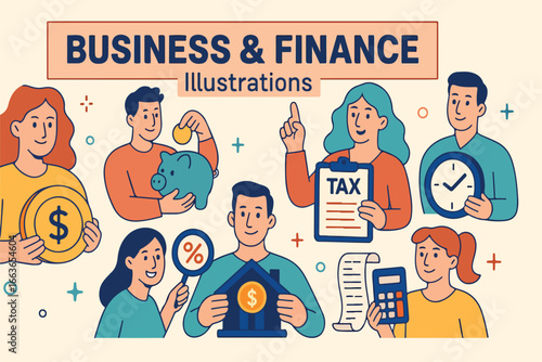 Diverse business professionals engaged in financial planning tax calculation time management and goal setting depicted in a vibrant vector illustration for marketing and corporate themes