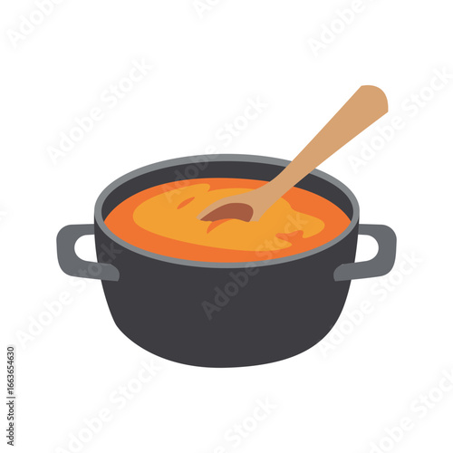Flat Vector Illustration of Cooking Pot with Soup and Wooden Spoon