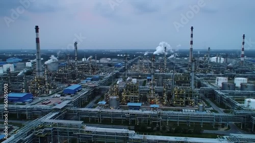 Wallpaper Mural A large industrial complex with interconnected pipes, towering smokestacks, and storage tanks under a muted, overcast sky, depicting the scale of modern processing. Torontodigital.ca