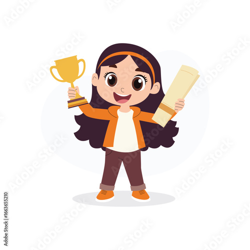 Flat Vector Illustration of Happy Girl Holding Trophy and Certificate
