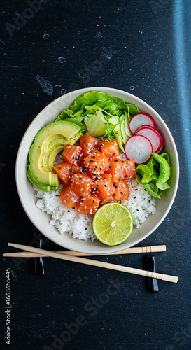 Overhead Shot of Fresh Salmon Poke Bowl with Avocado and Radish
