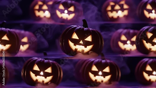 Halloween Autumn Pumpkin Patch Spooky Jack-o'-Lanterns in Smoky Scene Footage 