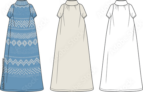 CAD drawing flat vector illustration of winter dresses, cozy knit patterns, fashion design layout, front and back garment sketch views