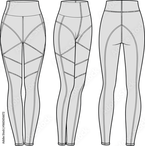 CAD drawing flat vector illustration of women’s activewear leggings, front, side, and back view, panel seam design, athletic fit