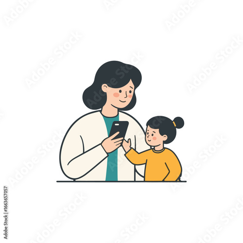 A mother showing her child a phone, pointing, and smiling happily together.