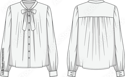 CAD drawing flat vector illustration of women’s blouse, bow tie neckline, long sleeves, buttoned design, stylish garment layout, sketch views
