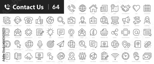 Contact line icons set. Contact us symbols outline 64 icons collection. Support, chat, call, address, website, message, phone - stock vector.