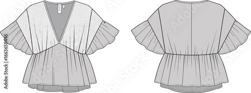 Cad drawing flat vector illustration of women’s blouse, ruffled sleeves, deep V neckline, textured fabric, loose fit, casual style, summer wear, garment design, fashion sketch.