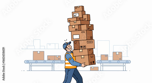 Delivery man struggling with a huge stack of boxes.