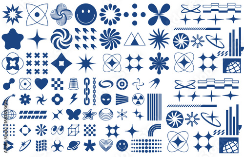Y2k icons. 70s rave pop symbols, futuristic stars, planet and alien, emoticon spirals. Retro poster geometric symbols. Isolated minimal groovy vector set