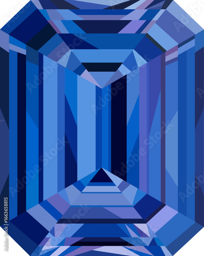 Luxury blue gem with faceted design. Elegant emerald cut blue sapphire gemstone illustration in vector. Blue Crystal for branding, decoration, jewelry, fashion, print, textile and surface design.