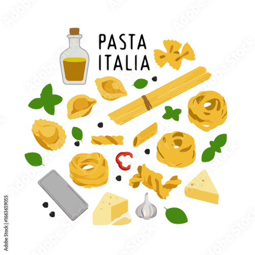 Pasta Italia: Delicious Italian Food Ingredients and Dishes Vector Illustration