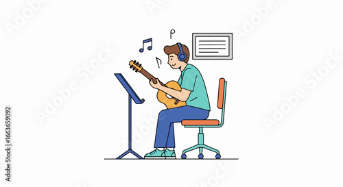 Man playing guitar with music notes and headphones on.