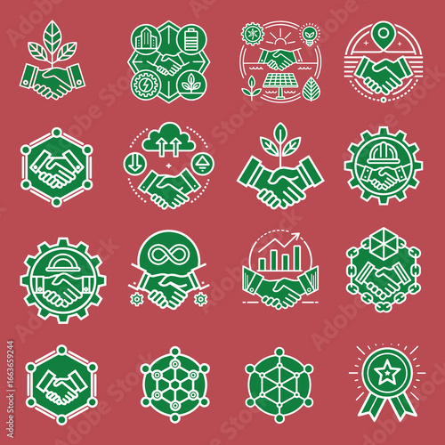 Diverse business partnership agreement icons with green handshake symbols vector