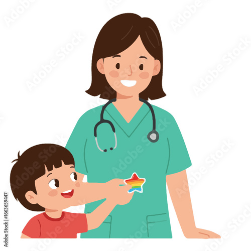 Child with Nurse Doctor Giving Rainbow Star Sticker Healthcare Illustration