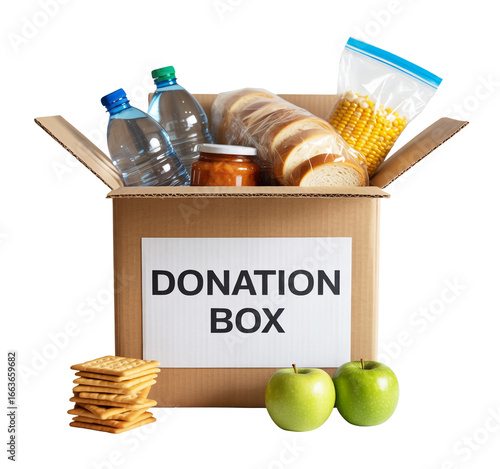 Donation Box Filled with Food and Essentials Supporting Local Community Outreach and Charitable Giving Initiatives isolated on a transparent background.