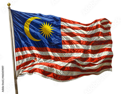  Malaysia Flag with Realistic Fabric Waves, Horizontal Layout, Isolated on Transparent Background