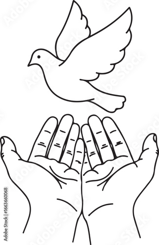 Dove flying above open hands in a simple line drawing bird wings