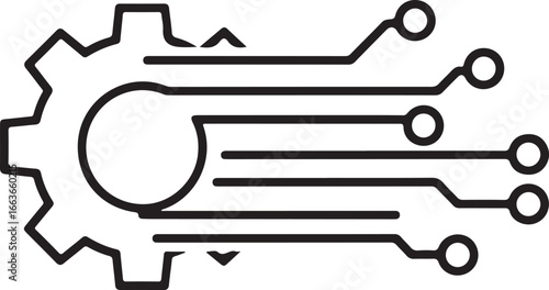 Black outline of a gear connected to a digital circuit with multiple nodes technology