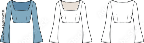 Cad drawing flat vector illustration of women’s crop top with flared sleeves, square neckline, fashion technical sketch, stylish clothing design.