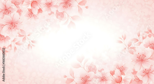 Delicate pink cherry blossoms and leaves gracefully frame a soft, radiant white background, perfect for spring.