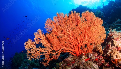 A vibrant, branching coral, a beautiful red sea fan, displays intricate details against a deep blue backdrop.