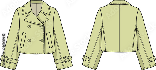 Cad drawing flat vector illustration of women’s cropped trench coat jacket, front and back view, with belt detail and button closure design