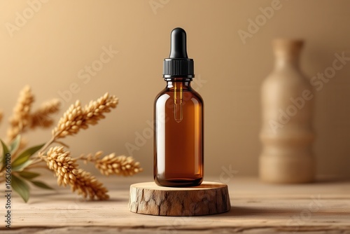 Amber glass dropper bottle with wheat and ceramic vase