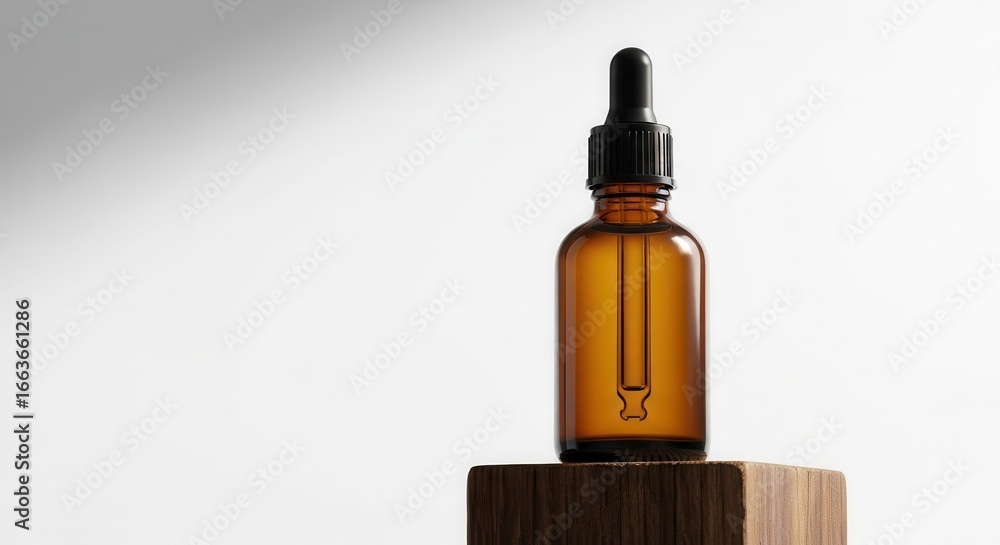 Fototapeta premium Amber glass dropper bottle on wooden cube with white background