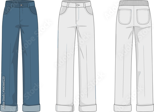 CAD drawing flat vector illustration of women’s cuffed straight-leg pants with back pockets, front and back technical fashion sketch