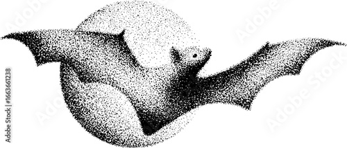 Stipple art of bat in flight with moon background